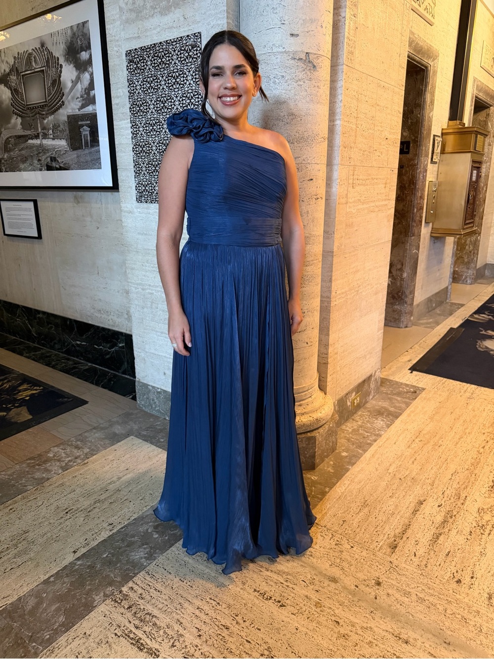 One-Shoulder Navy Evening Gown with Rosette Accent